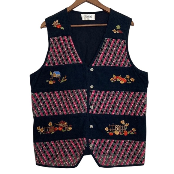 Vintage Vest Womens 16 Black Corduroy Red Lattice Fall Harvest 90s Waistcoat - Picture 1 of 13